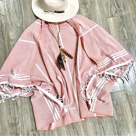 Beach Cape cocoon cover up Turkish upcycled towel w fringe & cabin beach vibe - Picture 2 of 9